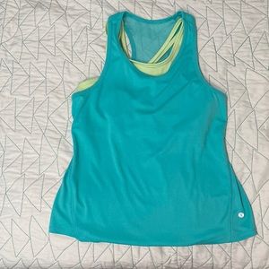 Aqua blue tank top with lime green built-in sports bra